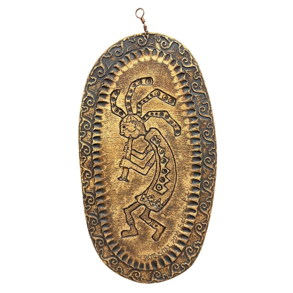 Kokopelli Wall Art Hanging 12" Oval Stone Slate Textured w/ Copper Wire Robson